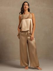 Pure Silk Sleeveless U-Neck Backless High-low Tank Top & Wide Leg Pants Set