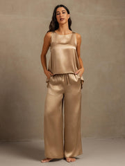 Pure Silk Sleeveless U-Neck Backless High-low Tank Top & Wide Leg Pants Set