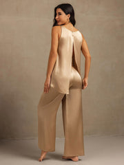 Pure Silk Sleeveless U-Neck Backless High-low Tank Top & Wide Leg Pants Set
