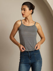 Pure Silk Spaghetti Strap Square Neck Stripe Camisole Top