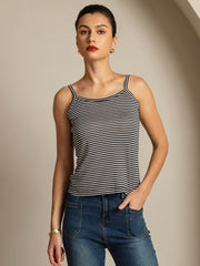 Pure Silk Spaghetti Strap Square Neck Stripe Camisole Top