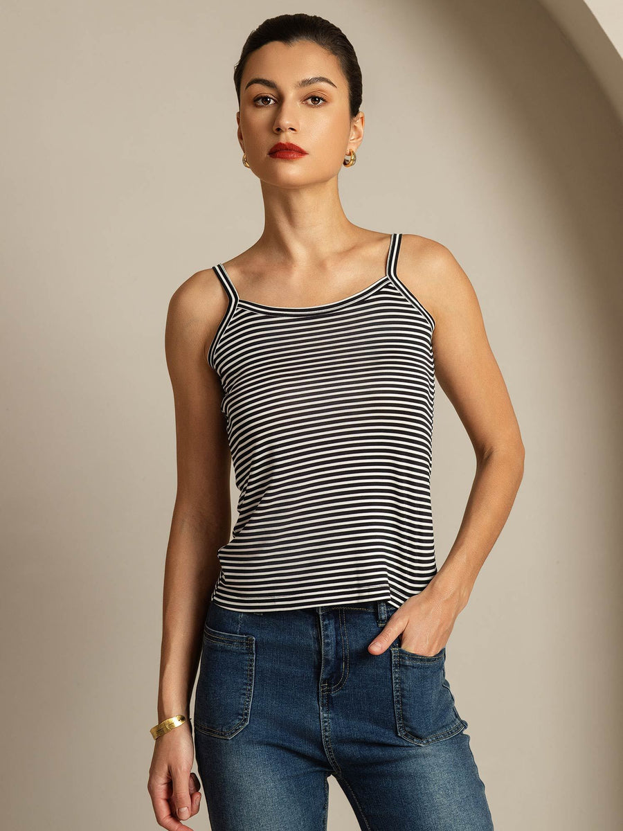 Pure Silk Spaghetti Strap Square Neck Stripe Camisole Top