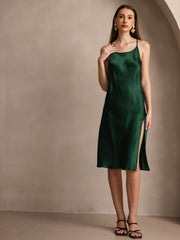 Pure Silk Spaghetti Strap U Neck Knee Dress with Split Criss Cross V-Back Design