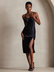 Pure Silk Spaghetti Strap U Neck Knee Dress with Split Criss Cross V-Back Design