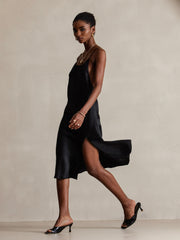 Pure Silk Spaghetti Strap U Neck Knee Dress with Split Criss Cross V-Back Design