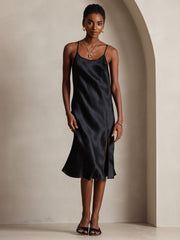 Pure Silk Spaghetti Strap U Neck Knee Dress with Split Criss Cross V-Back Design