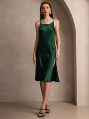 Pure Silk Spaghetti Strap U Neck Knee Dress with Split Criss Cross V-Back Design