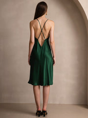 Pure Silk Spaghetti Strap U Neck Knee Dress with Split Criss Cross V-Back Design
