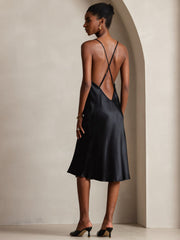 Pure Silk Spaghetti Strap U Neck Knee Dress with Split Criss Cross V-Back Design
