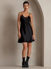 Pure Silk Spaghetti Strap V Neck Short Dress