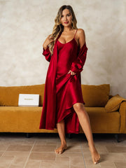 Pure Silk V-Neck Midi Nightgown & Robe Set 2Pcs