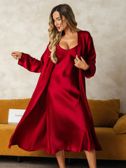 Pure Silk V-Neck Midi Nightgown & Robe Set 2Pcs