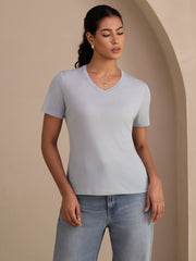 Pure Silk V Neck Short-Sleeve Snag-Resistant Women's T-Shirt