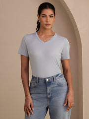Pure Silk V Neck Short-Sleeve Snag-Resistant Women's T-Shirt