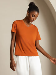 Pure Silk V Neck Short-Sleeve Snag-Resistant Women's T-Shirt