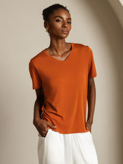 Pure Silk V Neck Short-Sleeve Snag-Resistant Women's T-Shirt
