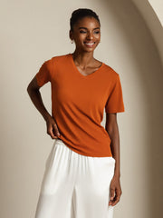 Pure Silk V Neck Short-Sleeve Snag-Resistant Women's T-Shirt