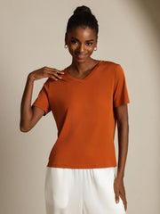 Pure Silk V Neck Short-Sleeve Snag-Resistant Women's T-Shirt