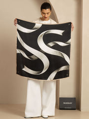Pure Silk White Ribbon Square Scarf - Size 90x90cm