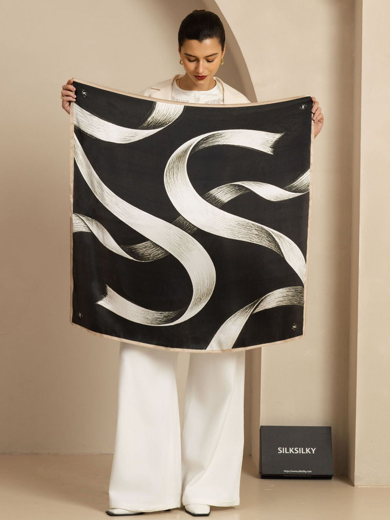 Pure Silk White Ribbon Square Scarf - Size 90x90cm