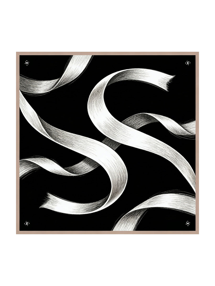 Pure Silk White Ribbon Square Scarf - Size 90x90cm
