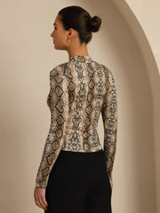 Pure Silk Wild Animal Print Women's Long Sleeve Mock Neck Top