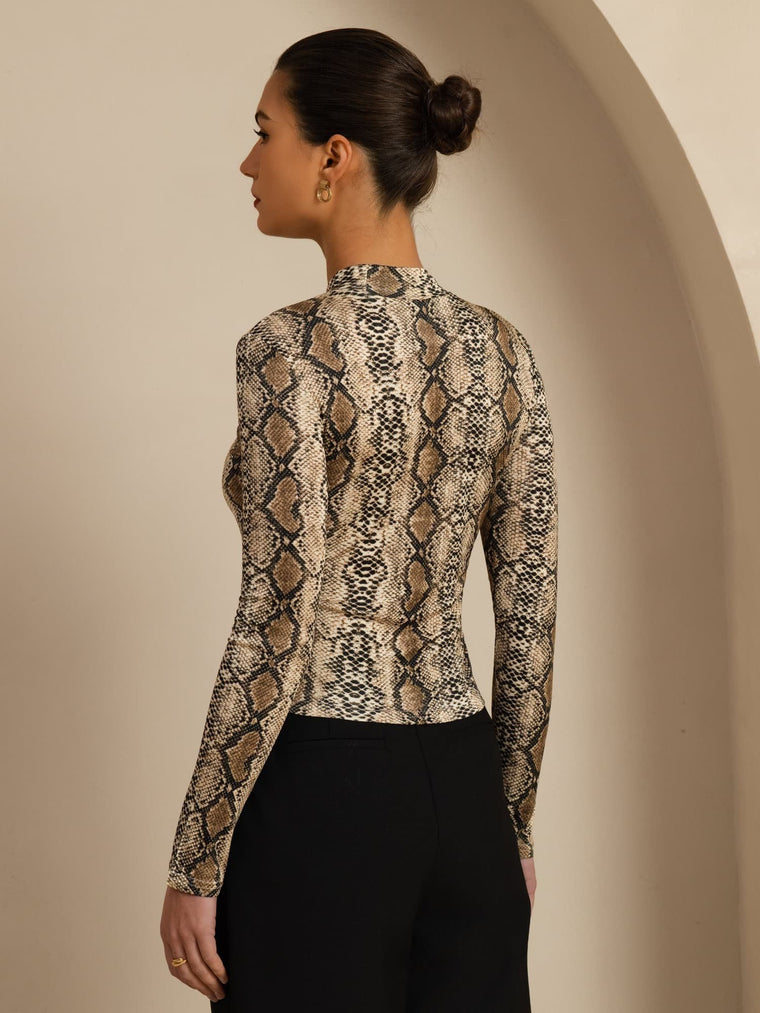 Pure Silk Wild Animal Print Women's Long Sleeve Mock Neck Top