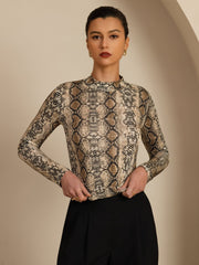Pure Silk Wild Animal Print Women's Long Sleeve Mock Neck Top