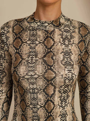 Pure Silk Wild Animal Print Women's Long Sleeve Mock Neck Top