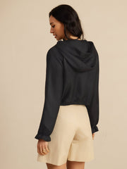 Pure Silk Women's Cropped Hooded Jacket With Pockets