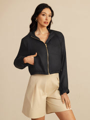 Pure Silk Women's Cropped Hooded Jacket With Pockets