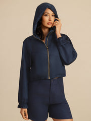Pure Silk Women's Cropped Hooded Jacket With Pockets