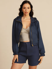 Pure Silk Women's Cropped Hooded Jacket With Pockets