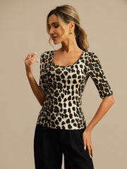 Pure Silk Women's Half Sleeve Scoop Neck Wild Animal Print Top