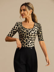 Pure Silk Women's Half Sleeve Scoop Neck Wild Animal Print Top
