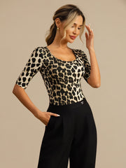 Pure Silk Women's Half Sleeve Scoop Neck Wild Animal Print Top