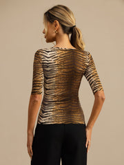 Pure Silk Women's Half Sleeve Scoop Neck Wild Animal Print Top
