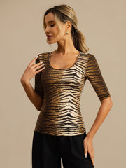Pure Silk Women's Half Sleeve Scoop Neck Wild Animal Print Top