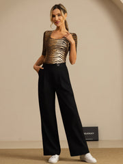 Pure Silk Women's Half Sleeve Scoop Neck Wild Animal Print Top