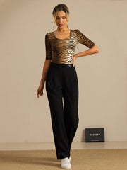 Pure Silk Women's Half Sleeve Scoop Neck Wild Animal Print Top