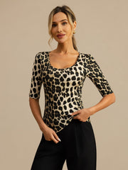 Pure Silk Women's Half Sleeve Scoop Neck Wild Animal Print Top