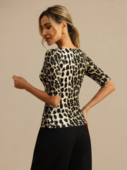 Pure Silk Women's Half Sleeve Scoop Neck Wild Animal Print Top