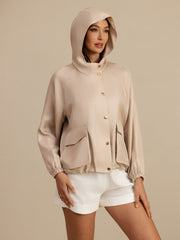 Pure Silk Women's Hooded Jacket With Large Flap Pockets
