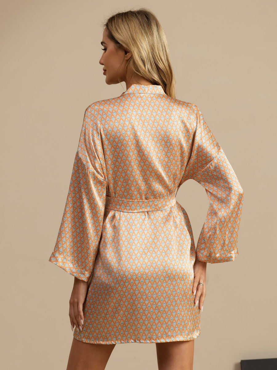 Pure Silk Women’s  Long Sleeve  Heart Geo Printed Short Belted Robe