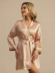 Pure Silk Women’s  Long Sleeve  Heart Geo Printed Short Belted Robe