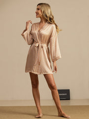 Pure Silk Women’s  Long Sleeve  Heart Geo Printed Short Belted Robe