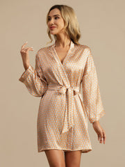 Pure Silk Women’s  Long Sleeve  Heart Geo Printed Short Belted Robe