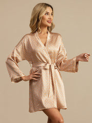 Pure Silk Women’s  Long Sleeve  Heart Geo Printed Short Belted Robe