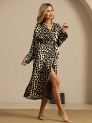 Pure Silk Women's Long Sleeve Midi Leopard Printed Robe