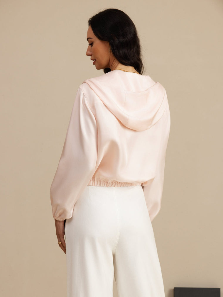 Pure Silk Women's Short Hooded Jacket With Pockets